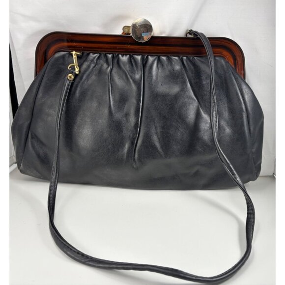 Handbags - Vintage Black Leather Handbag With Tortoiseshell Frame & Gold Clasp Closure